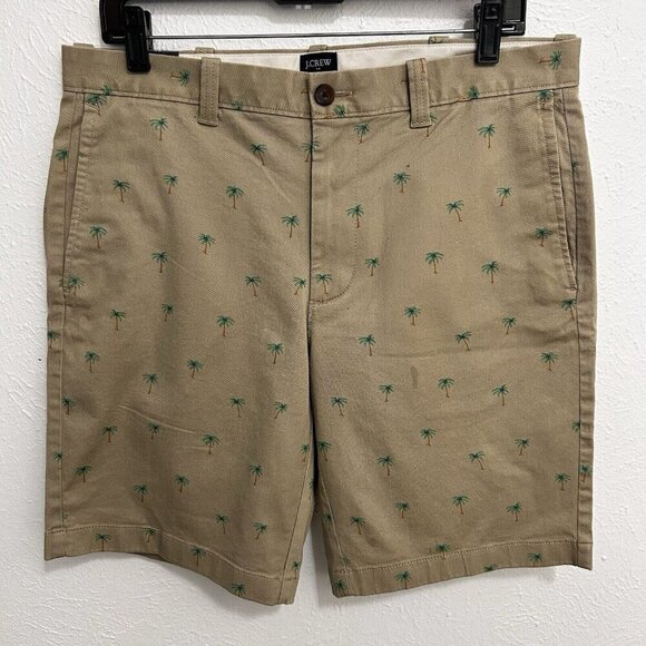 J. Crew Shorts Mens 32 Khaki Summer Re-Imagined Palm Trees Tan Chino 9" Inseam - Picture 2 of 9